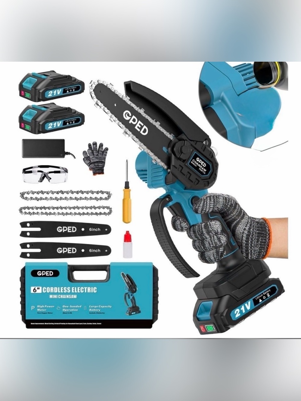 GPED 6 Inch Mini Chainsaw Cordless with 2 Batteries, Auto Oiler, Blue, NEW